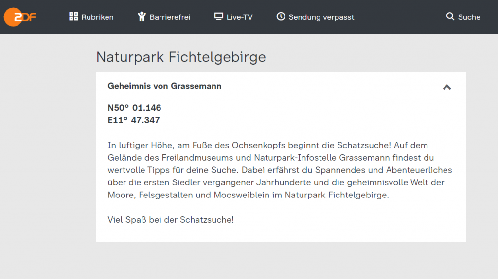 Ausschnitt der ZDF-Homepage mit Beschreibung des Fichtelgebirgs-Geocaches.